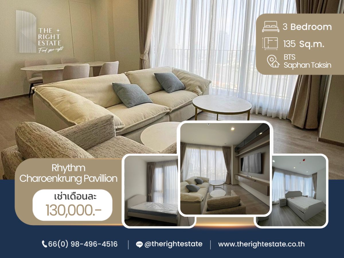 For RentCondoSathorn, Narathiwat : 🌿 Rhythm Charoenkrung Pavillion 🌿 Nice room!! fully furnished 🛏 3 Bed 4 Bath 135 Sq.m near BTS Saphan Taksin 
