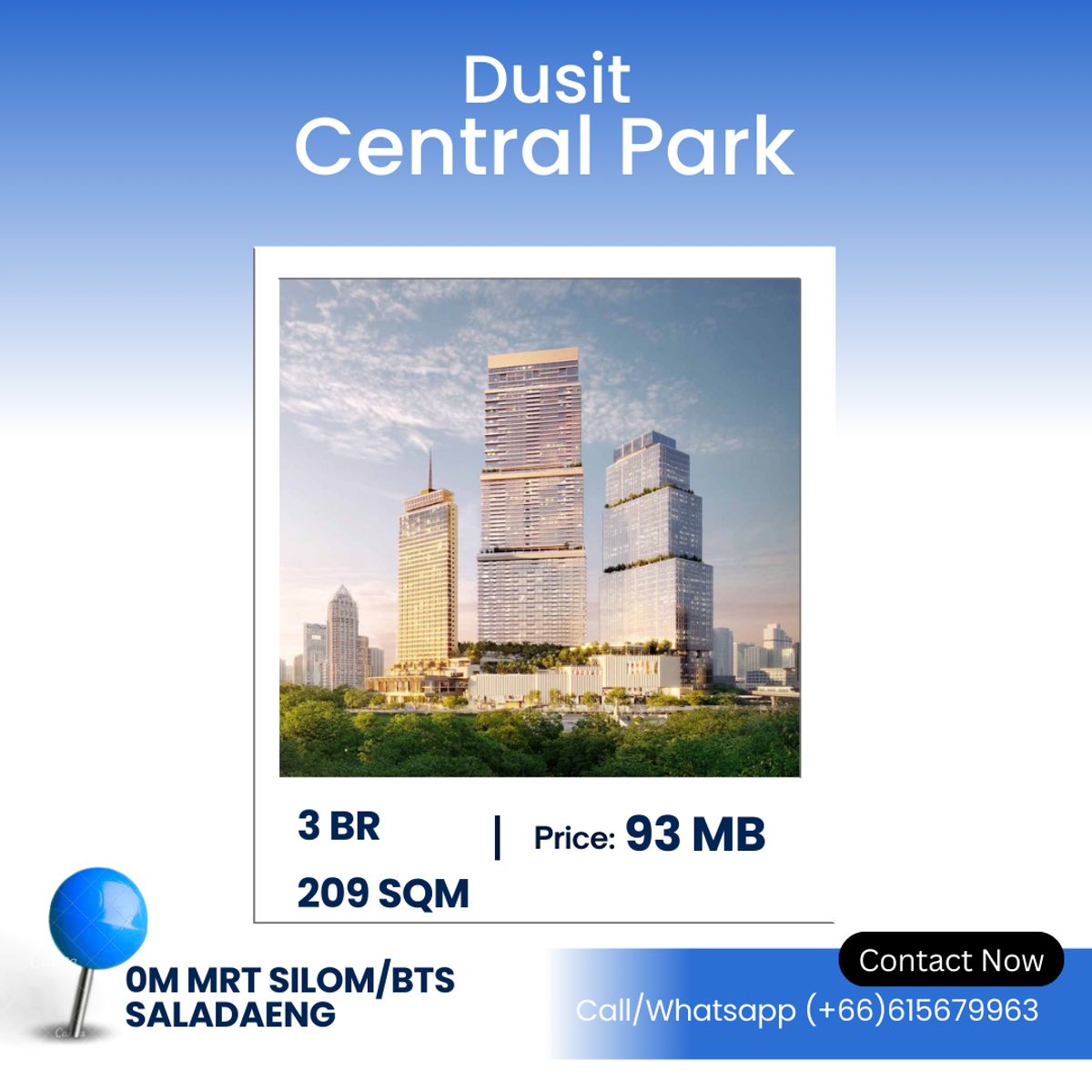 ขายคอนโดสีลม ศาลาแดง บางรัก : Dusit Central Park – Ultra Luxury Park-View 3-Bedroom Residence  ✨ 3 Bedrooms | 209 SQ.M. | Park View | ฿93,000,000