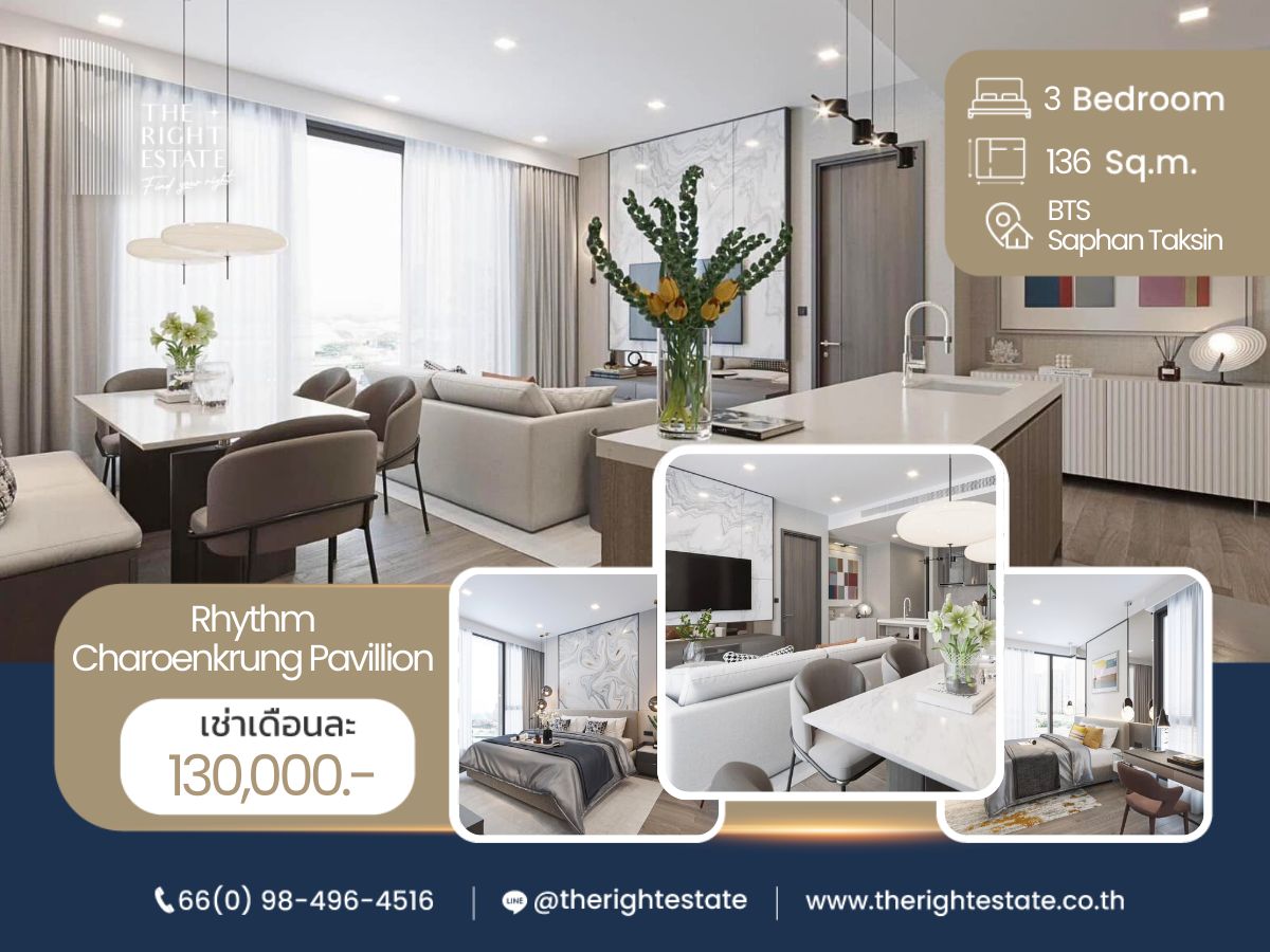For RentCondoSathorn, Narathiwat : 🌿 Rhythm Charoenkrung Pavillion 🌿 Nice room!! fully furnished 🛏 3 Bed 3 Bath 136 Sq.m near BTS Saphan Taksin 