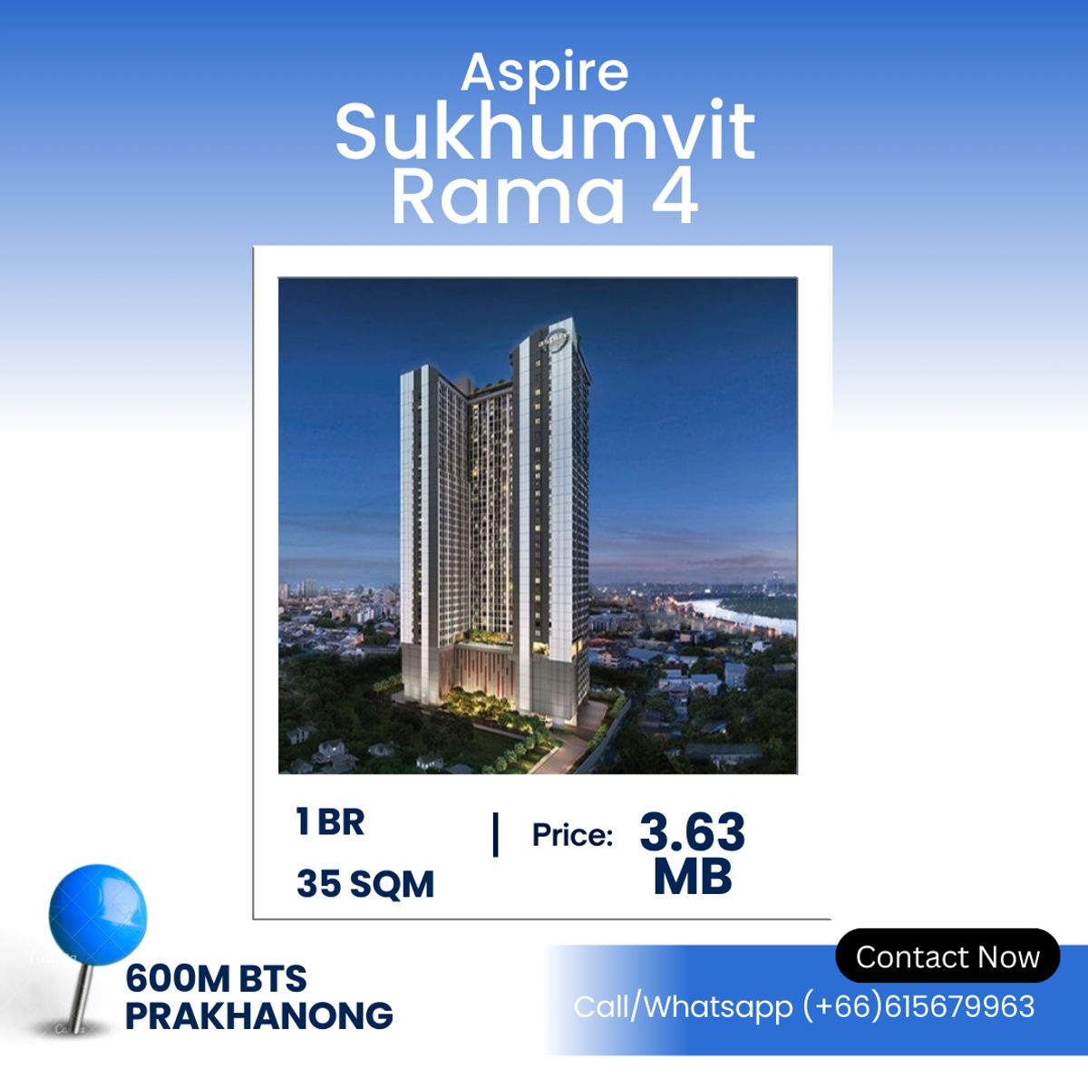 ขายคอนโดคลองเตย กล้วยน้ำไท : Aspire Sukhumvit Rama 4 – Spacious 1-Bedroom, Best Price! Modern 1-Bedroom in Prime Location – 35 SQ.M. | ฿3.63 Million