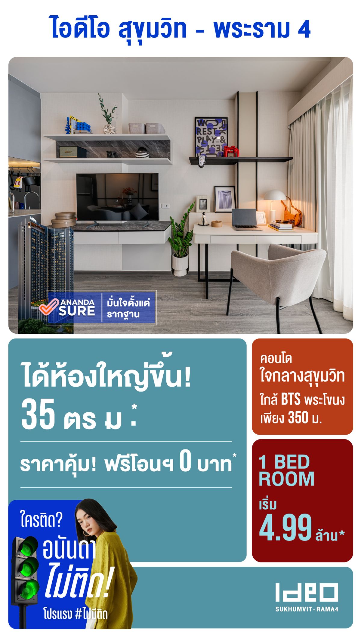 ขายคอนโดคลองเตย กล้วยน้ำไท : ห้องโครงการ : ปลดล็อคทุกดีล 1Bedroom 35ตรม เพียง 4.99 ล้านบาท กับโครงการไอดีโอ สุขุมวิท-พระราม4 ติดต่อ สิริ 065-923-6969 🩷 