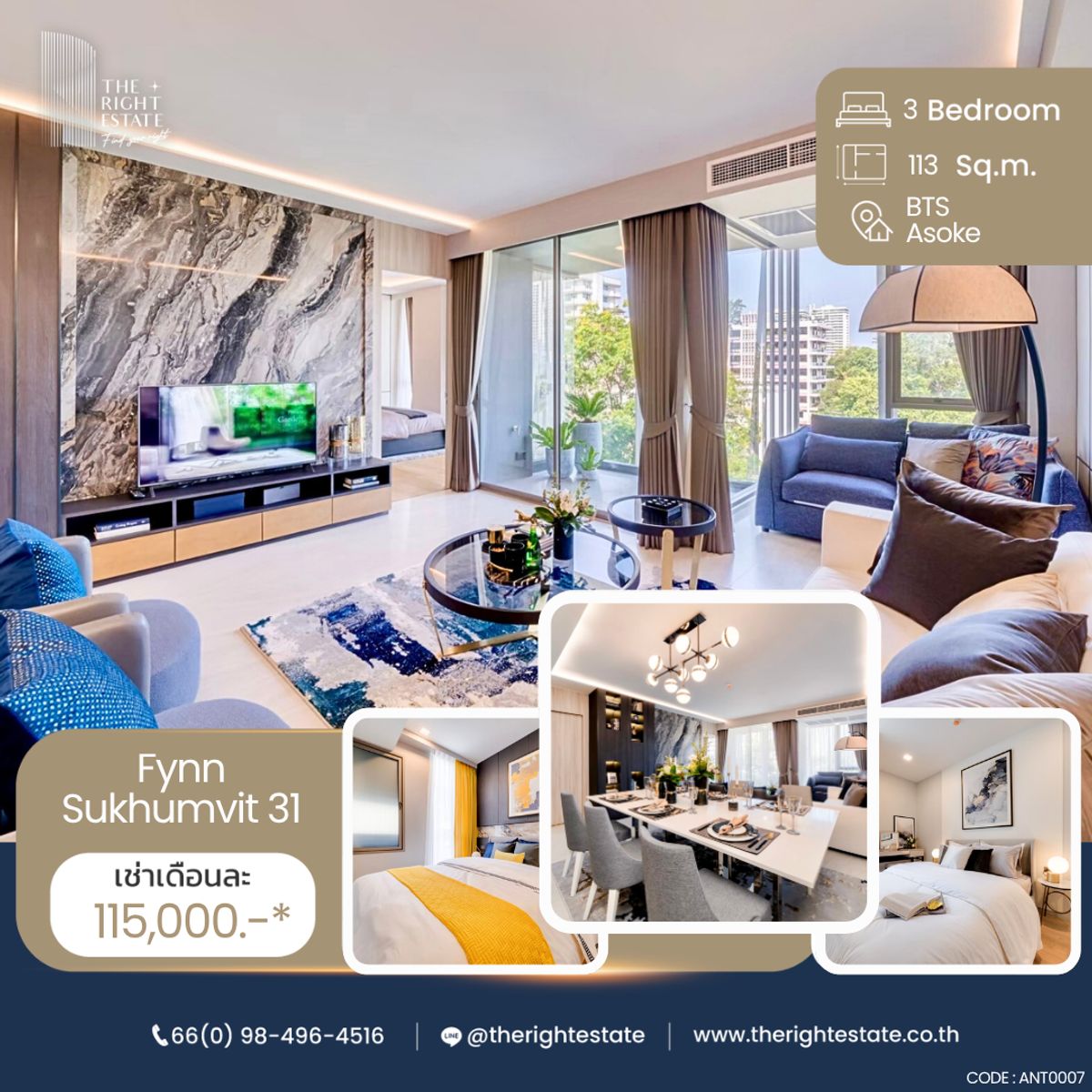 ให้เช่าคอนโดสุขุมวิท อโศก ทองหล่อ : 🌿 Fynn Sukhumvit 31 🌿 ห้องแต่งสวย เฟอร์ครบ 🛏 3 ห้องนอน 3 ห้องน้ำ 113 ตร.ม ใกล้ BTS Asoke