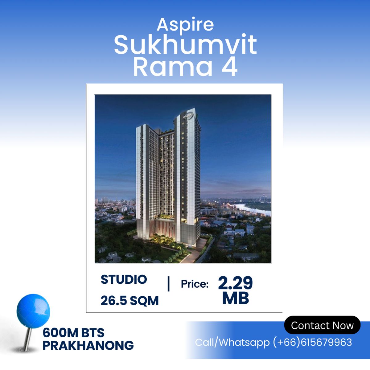 ขายคอนโดคลองเตย กล้วยน้ำไท : Aspire Sukhumvit Rama 4 – Best Value Studio! Modern Studio in Prime Location – 26.5 SQ.M. | ฿2.29 Million