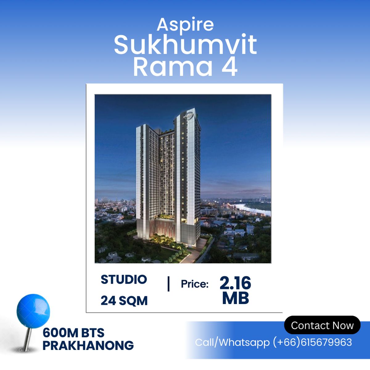 ขายคอนโดคลองเตย กล้วยน้ำไท : Aspire Sukhumvit Rama 4 – Best Value Studio! Modern Studio in Prime Location – 24 SQ.M. | ฿2.16 Million
