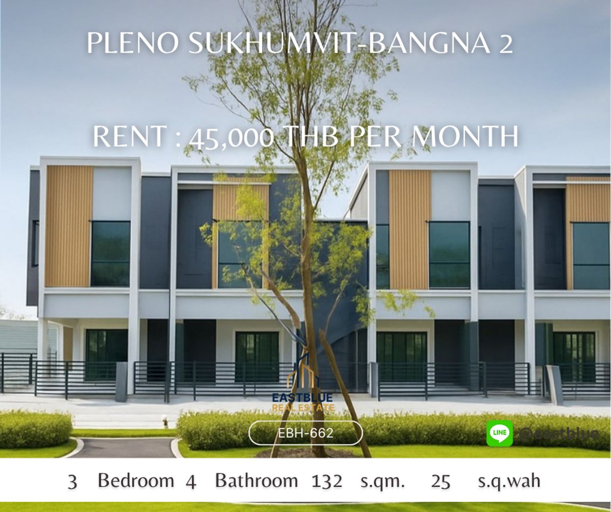 For RentTownhomeBangna, Bearing, Lasalle : 2 -story townhome rental (special unit view in front of the garden) near Mega Bangna, PLENO, Sukhumvit - Bangna 2.
