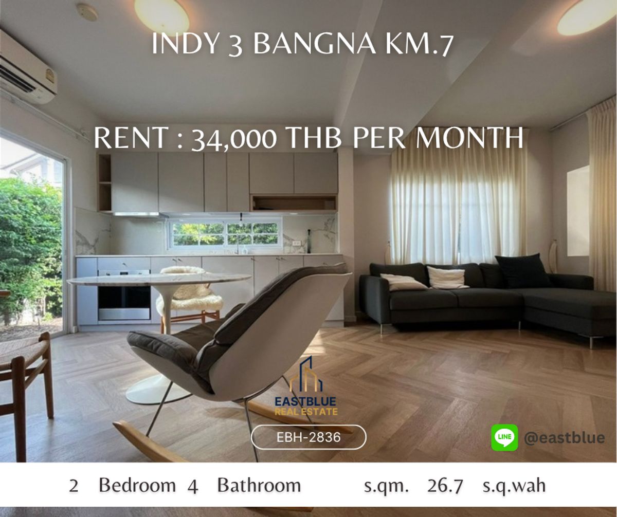 For RentTownhomeSamut Prakan,Samrong : Rent a townhouse, Indy 3, Bang Na Km. 7, after the rental price of 34,000 baht per month.