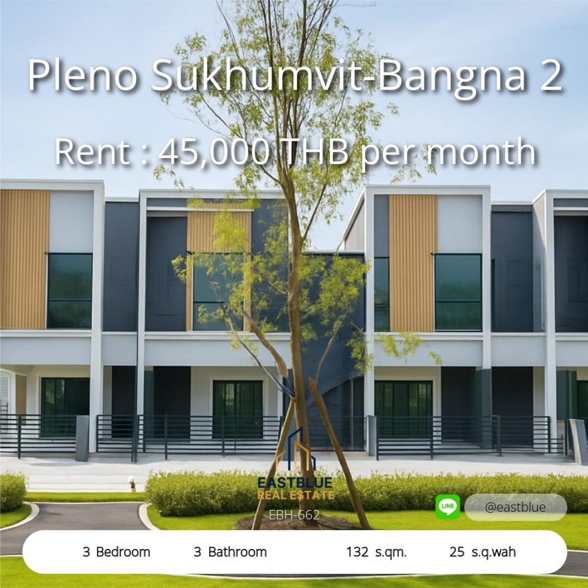 For RentTownhomeBangna, Bearing, Lasalle : 2 -story townhome rental (special unit view in front of the garden) near Mega Bangna, PLENO, Sukhumvit - Bangna 2.