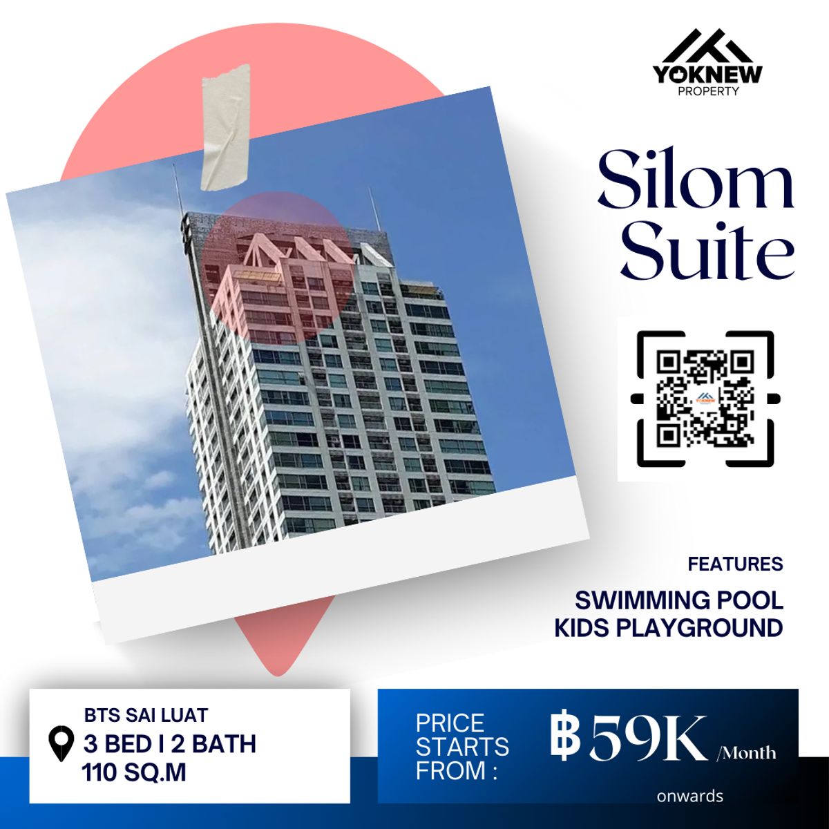 For RentCondoSilom, Saladaeng, Bangrak : Silom suite | 3 bedrooms, 2 bathrooms | 110 sq.m. | High level | Rent 59,000 baht/month