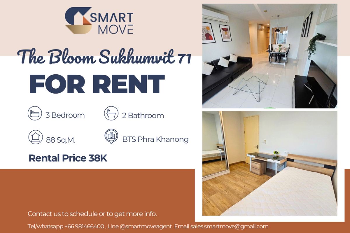 ให้เช่าคอนโดอ่อนนุช อุดมสุข : 🔥 สำหรับเช่า !!🔥 Code C20250800063..........The Bloom Sukhumvit 71, 3 ห้องนอน, 2 ห้องน้ำ, ชั้นสูง 17++, ครัวปิด, แต่งครบ, พร้อมเข้าอยู่ 📣📣