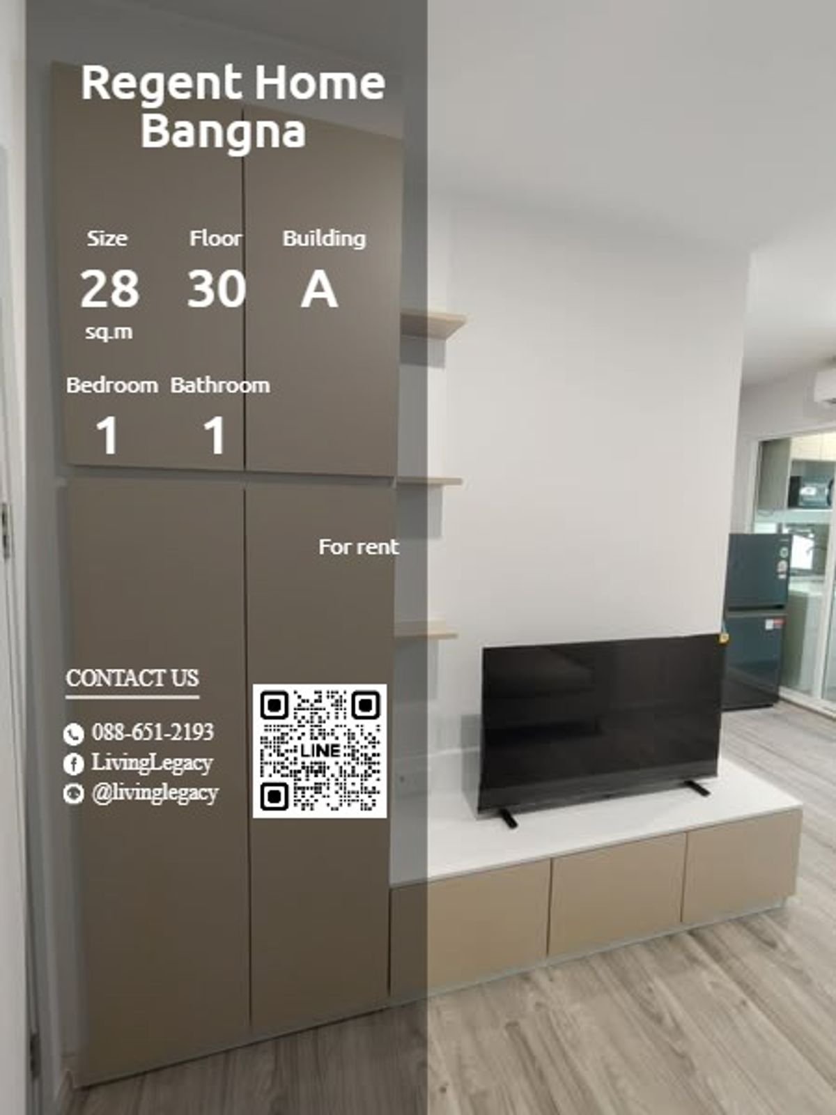 ให้เช่าคอนโดบางนา แบริ่ง ลาซาล : T1KTQC ให้เช่าคอนโด Regent Home Bangna 28 ตร.ม. ชั้น 30 ตึก A line id : @livinglegacy