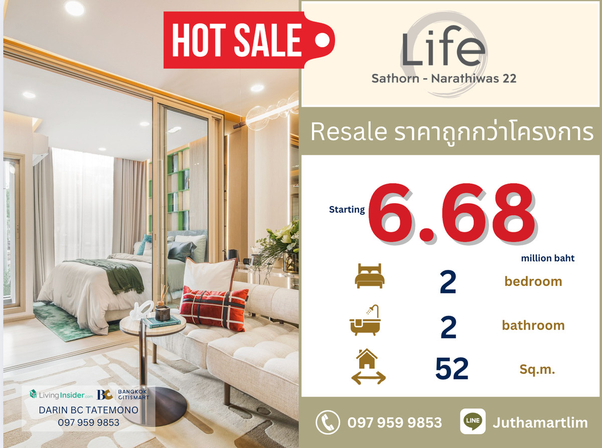 For SaleCondoSathorn, Narathiwat : 🔥 Buy directly with the project 🔥 Life Sathorn Narathiwas 22, 2 bedrooms, 2 bathrooms, size 52 square meters, 4th floor, Building A, 6,840,000 baht, contact 097 959 9853
