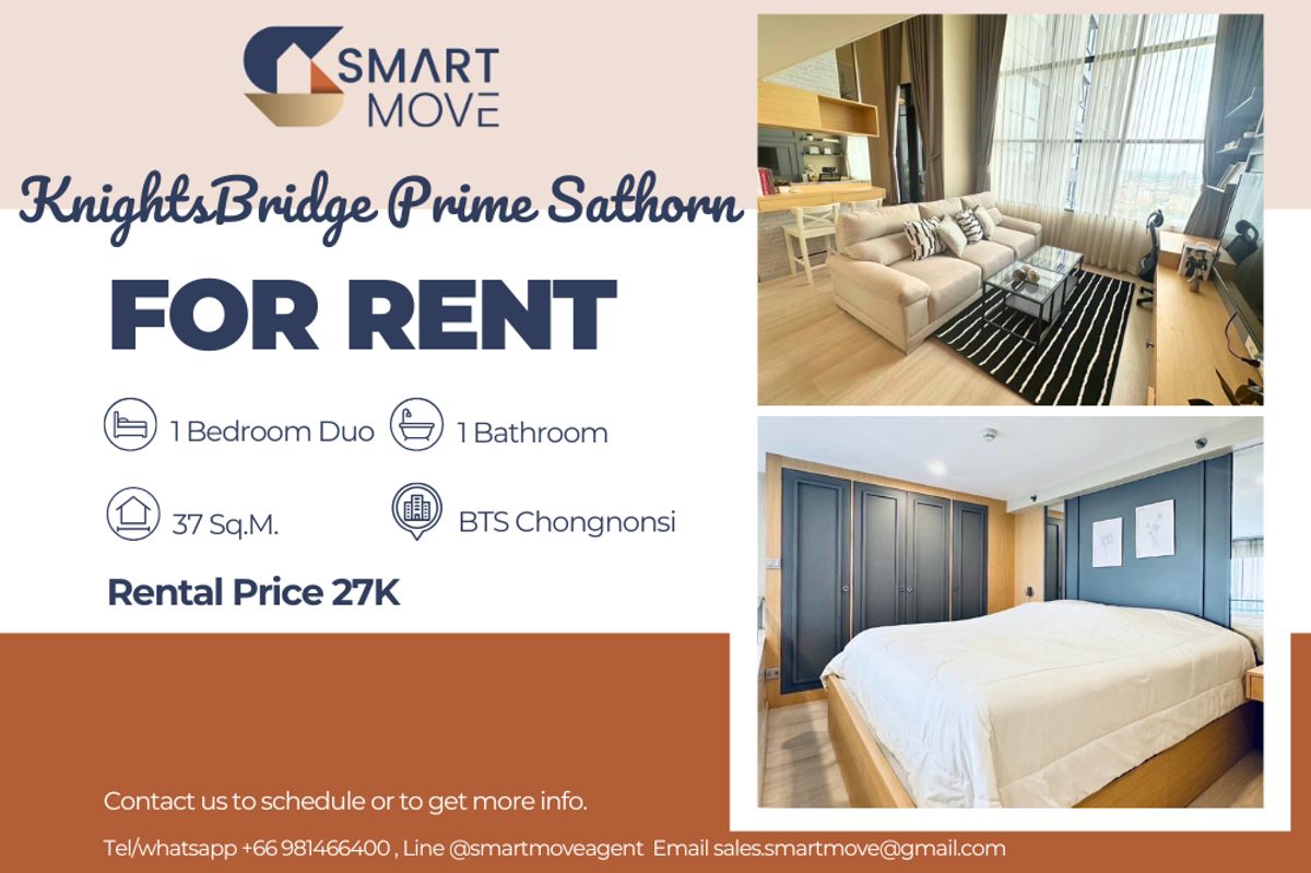 For RentCondoSathorn, Narathiwat : 🔥 For Rent !!🔥 Code C20221202691..........KnightsBridge Prime Sathorn, 1 bedroom Duo, 1 bathroom, City view, high floor 32++, furnished, Modern style, ready to move in 📣📣