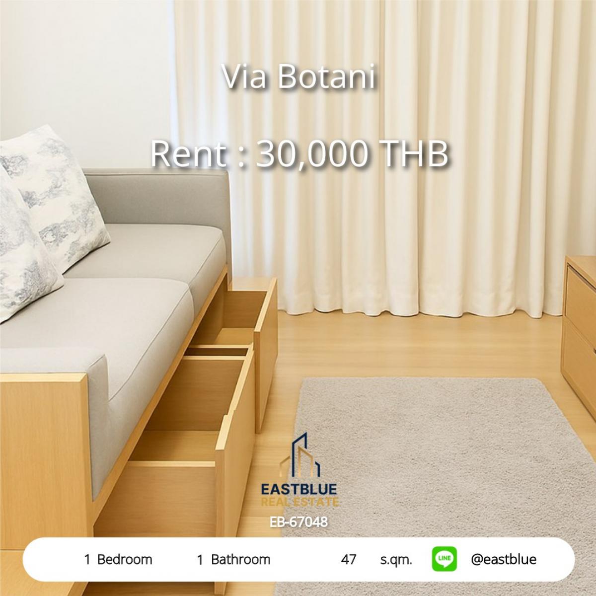 ให้เช่าคอนโดสุขุมวิท อโศก ทองหล่อ : เช่าคอนโด Via Botani 47 ตร.ม. ใจกลางทองหล่อ! 
1 ห้องนอน ราคาเพียง 30,000 บาท/เดือน!