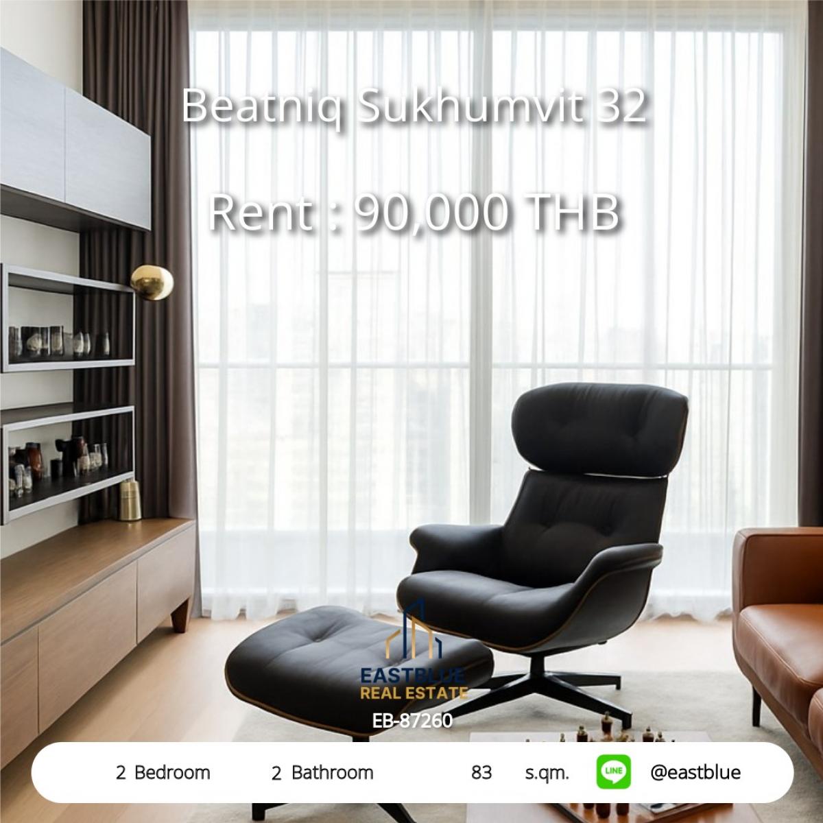 ให้เช่าคอนโดสุขุมวิท อโศก ทองหล่อ : Bright & Spacious 2-Bed Condo at Beatniq Sukhumvit 32 – Steps from Thong Lo BTS! 
Luxury Living with Pool, Gym & Prime Location – Rent 90,000 THB/month!