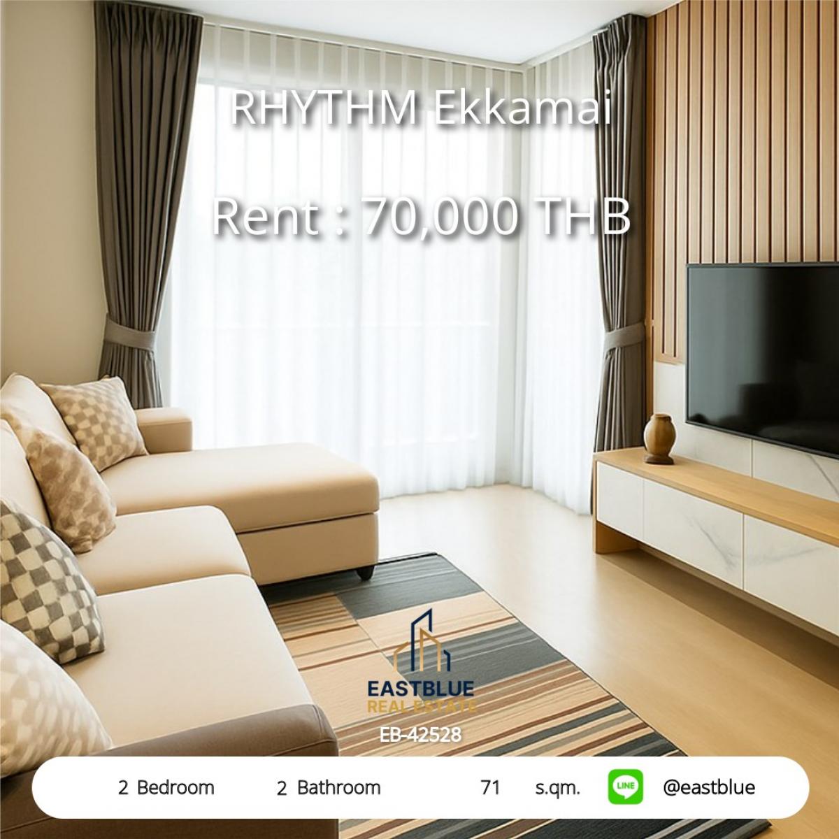 For RentCondoSukhumvit, Asoke, Thonglor : 2 Bed RHYTHM Ekkamai Condo for Rent — Prime Location, Just 350m to BTS! 
Luxury Living 71 sqm | Only 70,000 THB/Month | Facilities & Security Included