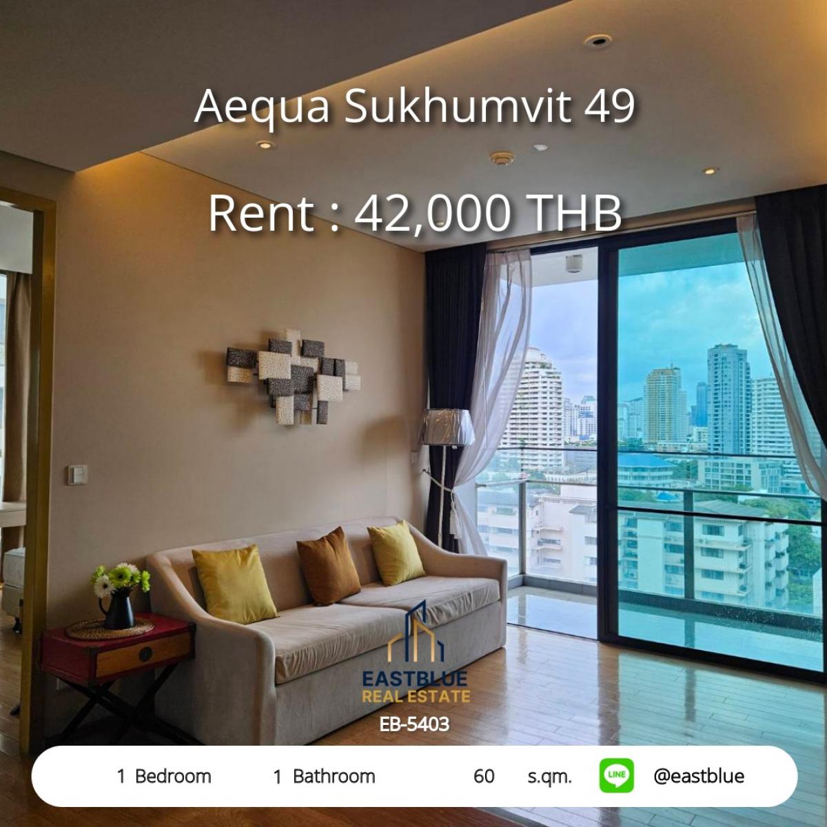 ให้เช่าคอนโดสุขุมวิท อโศก ทองหล่อ : Aequa Sukhumvit 49 Condo for Rent – 1 Bed, 60 sqm, Near BTS Phrom Phong 
Luxury Living with Pool, Gym & 24h Security at 42,000 THB/month!