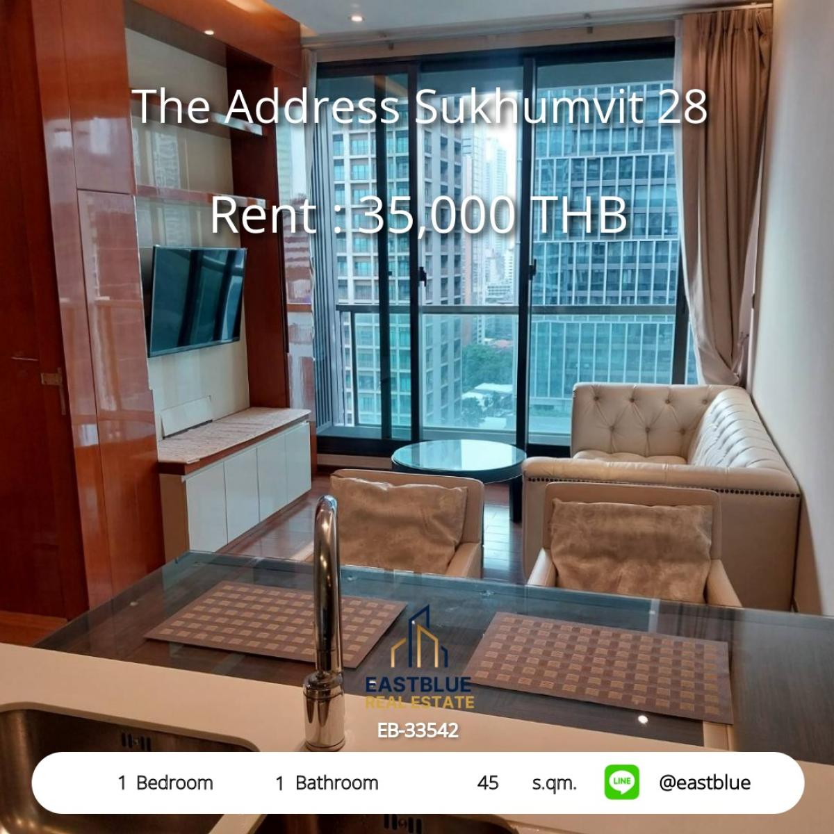 ให้เช่าคอนโดสุขุมวิท อโศก ทองหล่อ : เช่า THE ADDRESS สุขุมวิท 28 ห้องสวย 1 นอน ติด BTS พร้อมพงษ์ 45 ตร.ม. สิ่งอำนวยความสะดวกรวม ฟิตเนส-สระว่ายน้ำ ราคา 35,000 บ./ด.