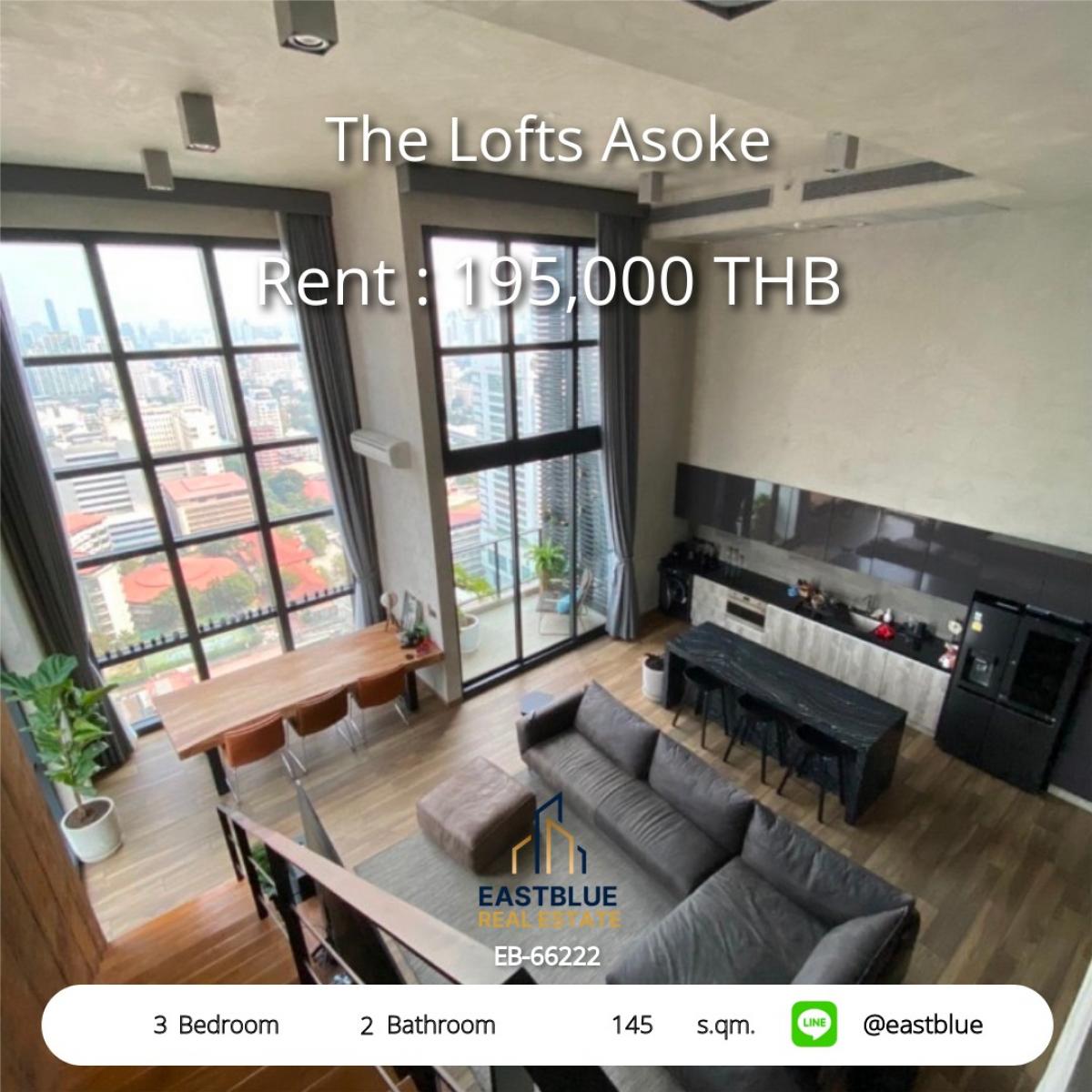 For RentCondoSukhumvit, Asoke, Thonglor : The Lofts Asoke 3 bedrooms 145 sqm. Near MRT Phetchaburi
Rent price 195,000 Baht/month with complete facilities!