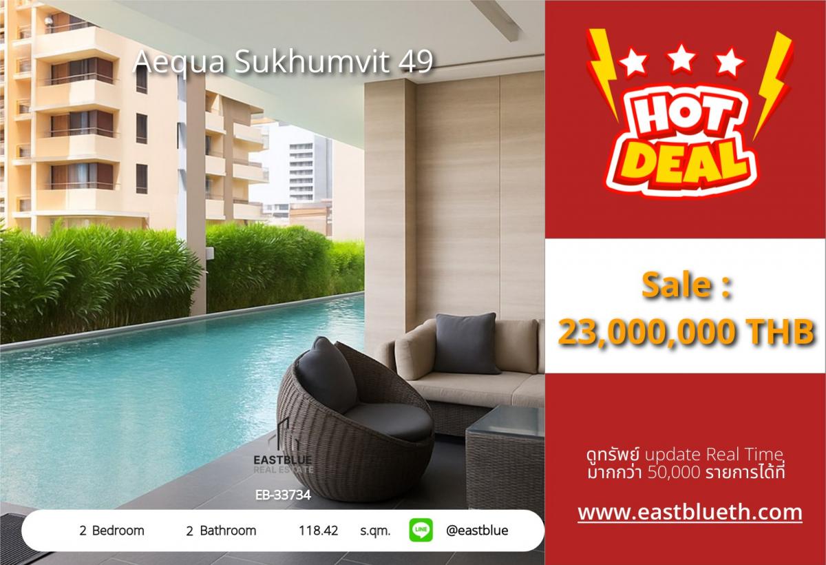 For SaleCondoSukhumvit, Asoke, Thonglor : Luxury in a prime location! 2-bedroom Aequa Sukhumvit 49 near BTS, ready to move in. Quality living close to Thonglor Market Place, with a swimming pool and fully equipped fitness facilities!