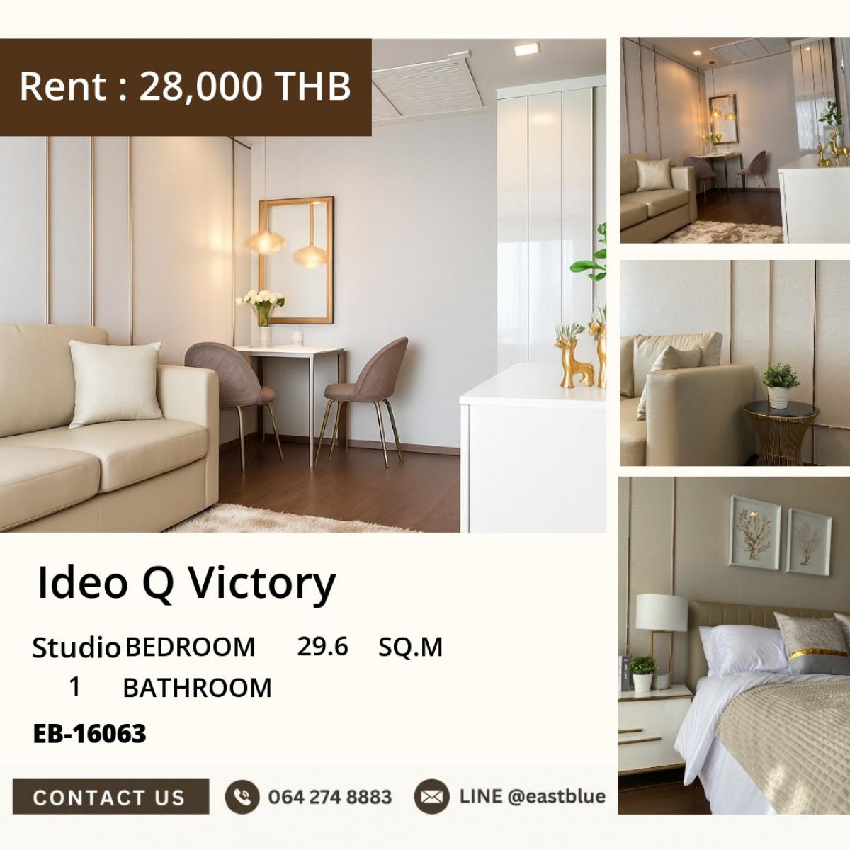 For RentCondoAri,Anusaowaree : Near BTS Anusawari! Studio 29.6 sqm. Ideo Q Victory for only 28,000 baht/month.
Convenient living with a swimming pool and fitness on the 38th-39th floor!