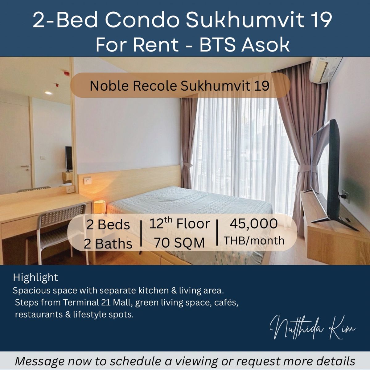 ให้เช่าคอนโดสุขุมวิท อโศก ทองหล่อ : Noble Recole Sukhumvit 19 – 2 Bedroom Condo for Rent Spacious size 70 sqm with City View
