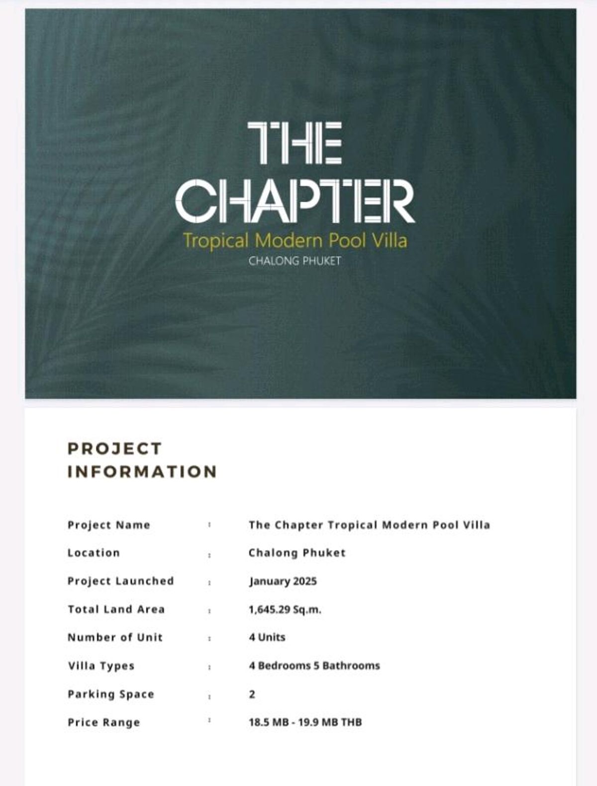 ขายภูเก็ต : 📣  Project Information 🏩🏩

THE CHAPTER
Tropical Modern Pool Villa
CHALONG PHUKET ,
THAILAND

📣  ขายพูลวิลล่า 4 Unit 🏩🏩
#PoolVillaForSale

🏢 พิกัด Locaton

📌 อ.ฉลอง จ.ภูเก็ต
Amphur Chalong , Phuket , Thailand

🏣   ที่ตั้งพูลวิลล่า Location Near..

