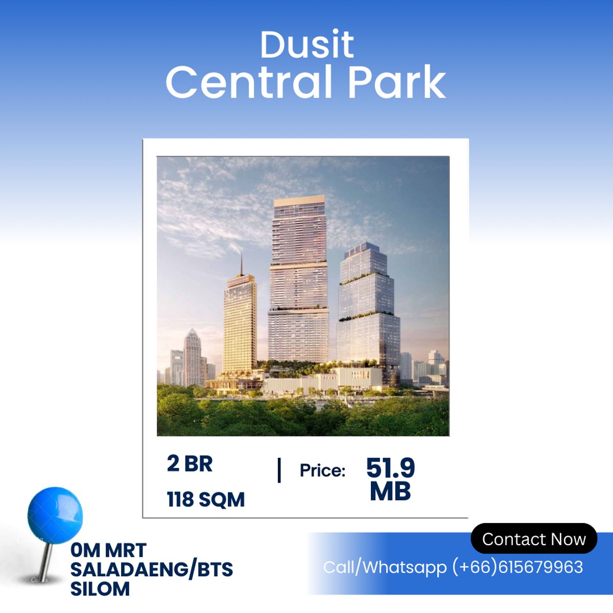 ขายคอนโดสีลม ศาลาแดง บางรัก : Dusit Central Park – Ultra-Luxury 2-Bedroom in Prime CBD Elegant 2-Bedroom, 2-Bathroom Residence – 118 SQ.M. | ฿51.9 Million