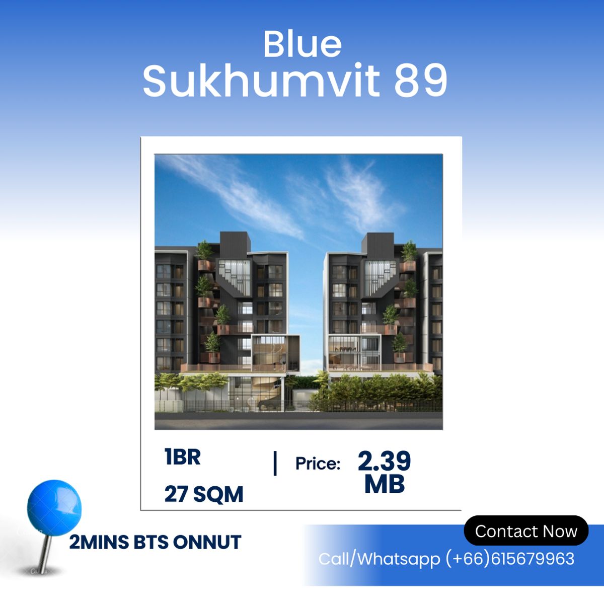 ขายคอนโดอ่อนนุช อุดมสุข : Blue Sukhumvit 89 – Modern 1-Bedroom Unit! Cozy 1-Bedroom Condo – 27 SQ.M. | ฿3.59 Million