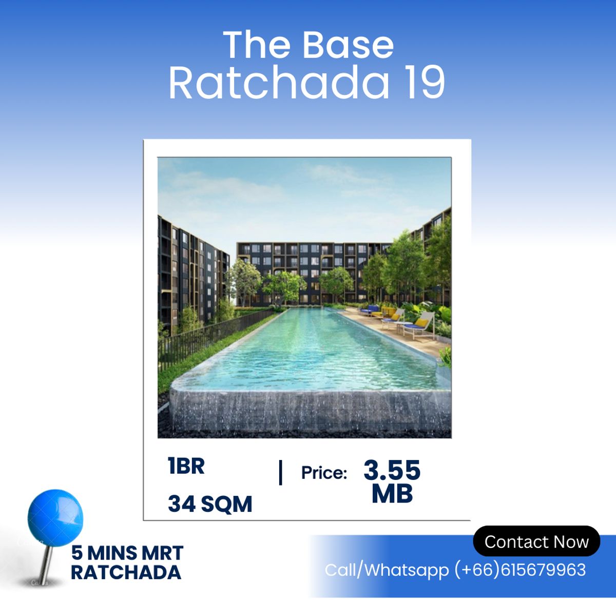 ขายคอนโดรัชดา ห้วยขวาง : The Base Ratchada 19 – Best Value 1-Bedroom near MRT Modern 1-Bedroom Condo – 34 SQ.M. | ฿3.55 Million