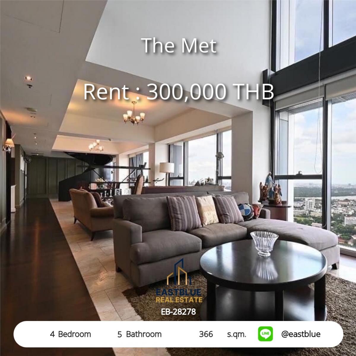For RentCondoSathorn, Narathiwat : Luxurious, spacious 4 bedrooms at The Met near BTS Chong Nonsi. Rent 300,000 baht/month with complete amenities!