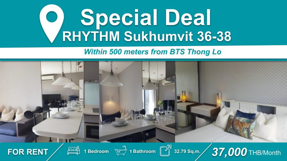 ให้เช่าคอนโดสุขุมวิท อโศก ทองหล่อ : (ปล่อยเช่า) คอนโด RHYTHM สุขุมวิท 36-38  I 1-BR เฟอร์+เครื่องใช้ไฟฟ้าครบ ใกล้ 🚆BTS ทองหล่อ