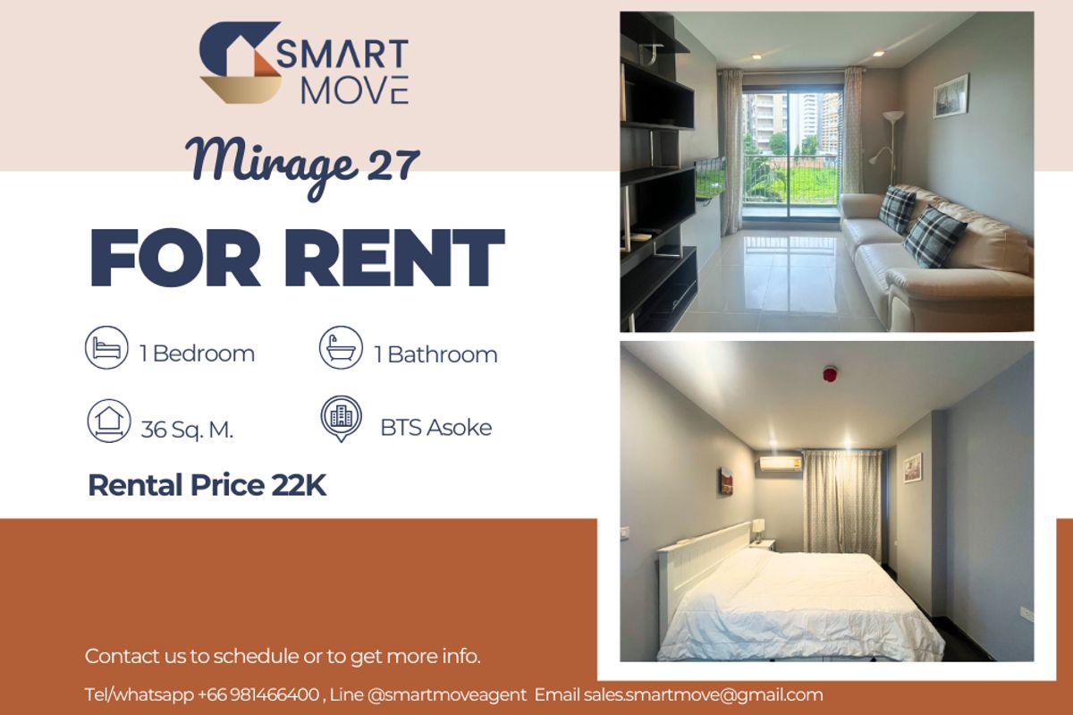 For RentCondoSukhumvit, Asoke, Thonglor : 🔥 For Rent !! North Facing !!🔥 Code C20240200720......Mirage 27, 1 bedroom, 1 bathroom, furnished, ready to move in 📣📣