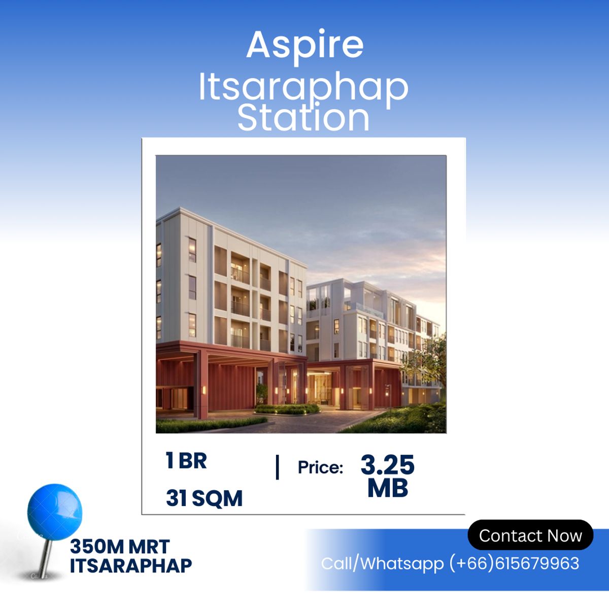 ขายคอนโดวงเวียนใหญ่ เจริญนคร : Aspire Itsaraphap – Larger 1-Bedroom Condo Near MRT 1-Bedroom Condo – 31 SQ.M. | ฿3.25 Million