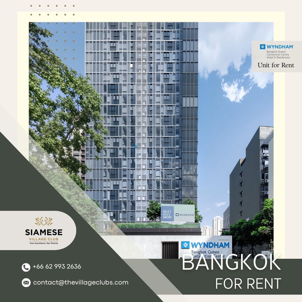 ให้เช่าคอนโดคลองเตย กล้วยน้ำไท : ห้องเช่า 1 ห้องนอน พร้อมอยู่! ที่ Wyndham Bangkok Queen Convention Center