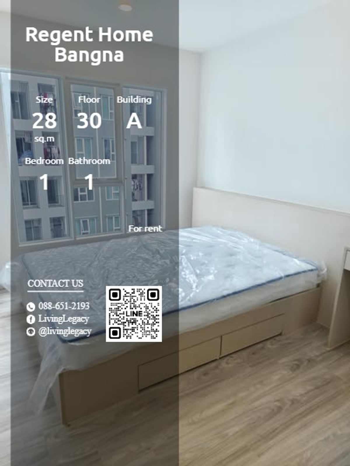ให้เช่าคอนโดบางนา แบริ่ง ลาซาล : T1S8FQ ให้เช่าคอนโด Regent Home Bangna 28 ตร.ม. ชั้น 30 ตึก A line id : @livinglegacy