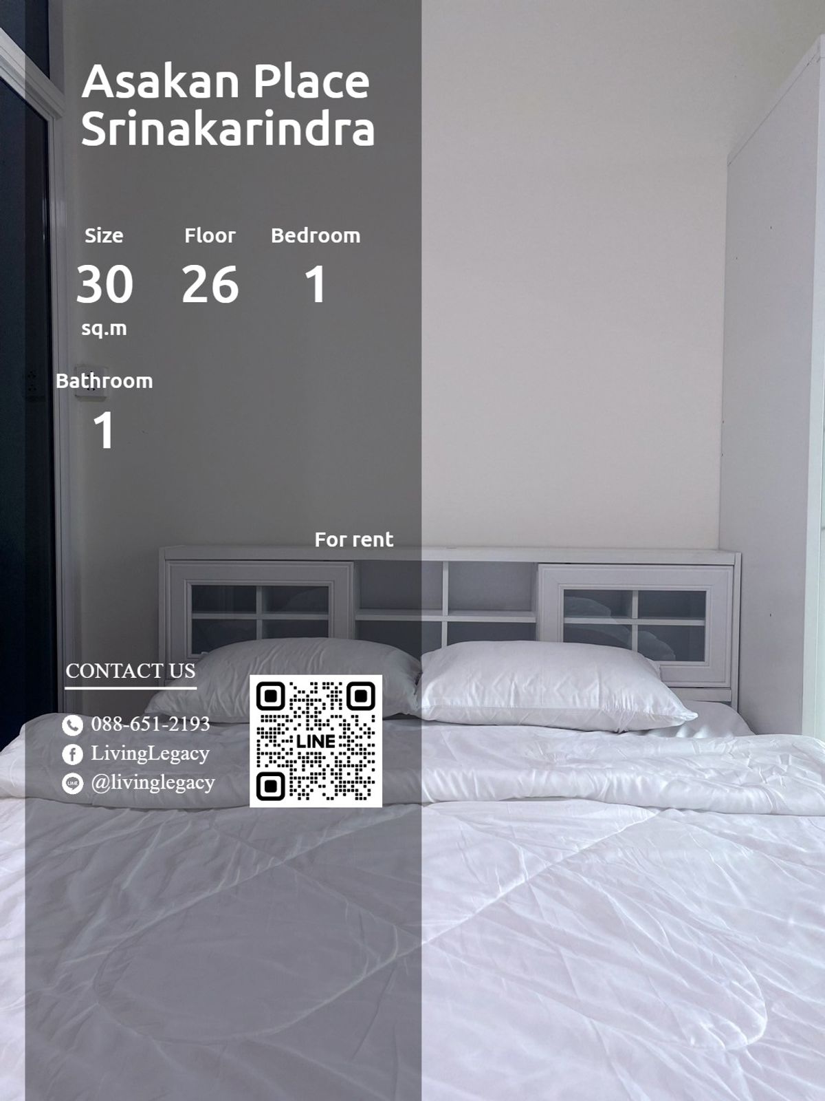 ให้เช่าคอนโดพัฒนาการ ศรีนครินทร์ : SLDZMT ให้เช่าคอนโด Asakan Place Srinakarindra 30 ตร.ม. ชั้น 26 line id : @livinglegacy