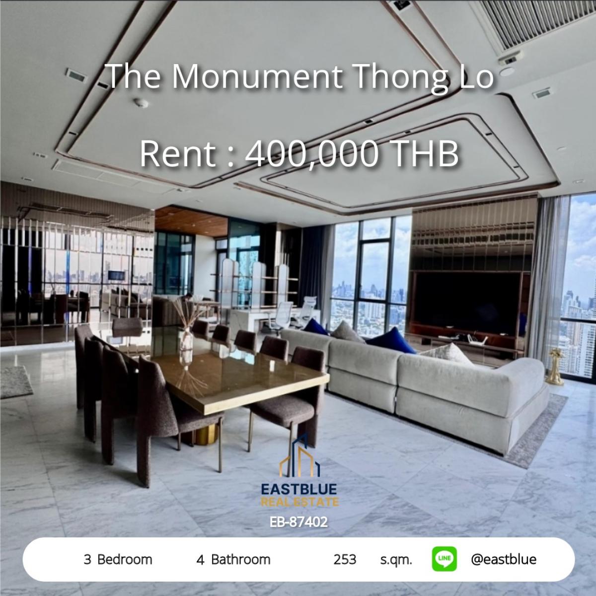 ให้เช่าคอนโดสุขุมวิท อโศก ทองหล่อ : The Monument Thong Lo: 3 Bed, 4 Bath Luxury Condo for Rent 
Prime Location Near BTS Thong Lo – 253 sqm, 400,000 THB/month!