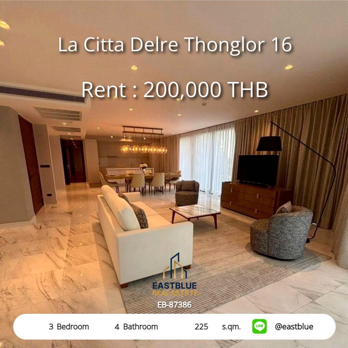 ให้เช่าคอนโดสุขุมวิท อโศก ทองหล่อ : Luxury 3-Bed Condo at La Citta Delre Thonglor 16 – 225 sqm of Modern Living! 
Prime Location Near BTS Thong Lo & Hotspots – Rent 200,000 THB/Month!