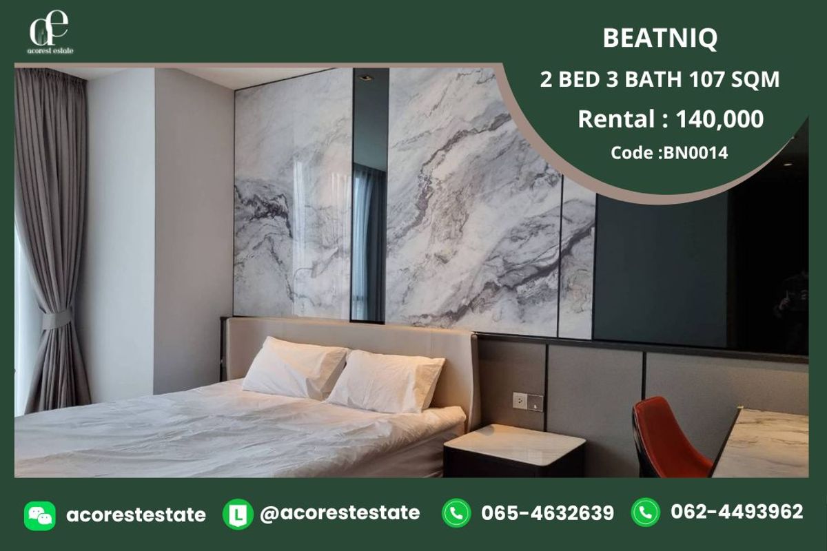 For RentCondoSukhumvit, Asoke, Thonglor : ✨🌷 For rent Beatniq Sukhumvit 32 ✨🌷 2 Bed 3 Bath | Size 107 Sqm. | Floor 23 | Line : @acoresteatate
