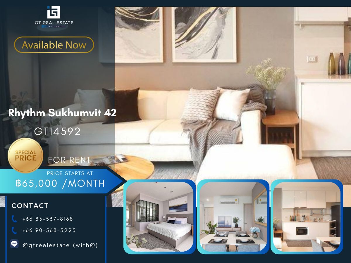 For RentCondoSukhumvit, Asoke, Thonglor : Rhythm Sukhumvit 42 condo, convenient transportation, near BTS, have a beautiful shuttle room, complete furniture ready