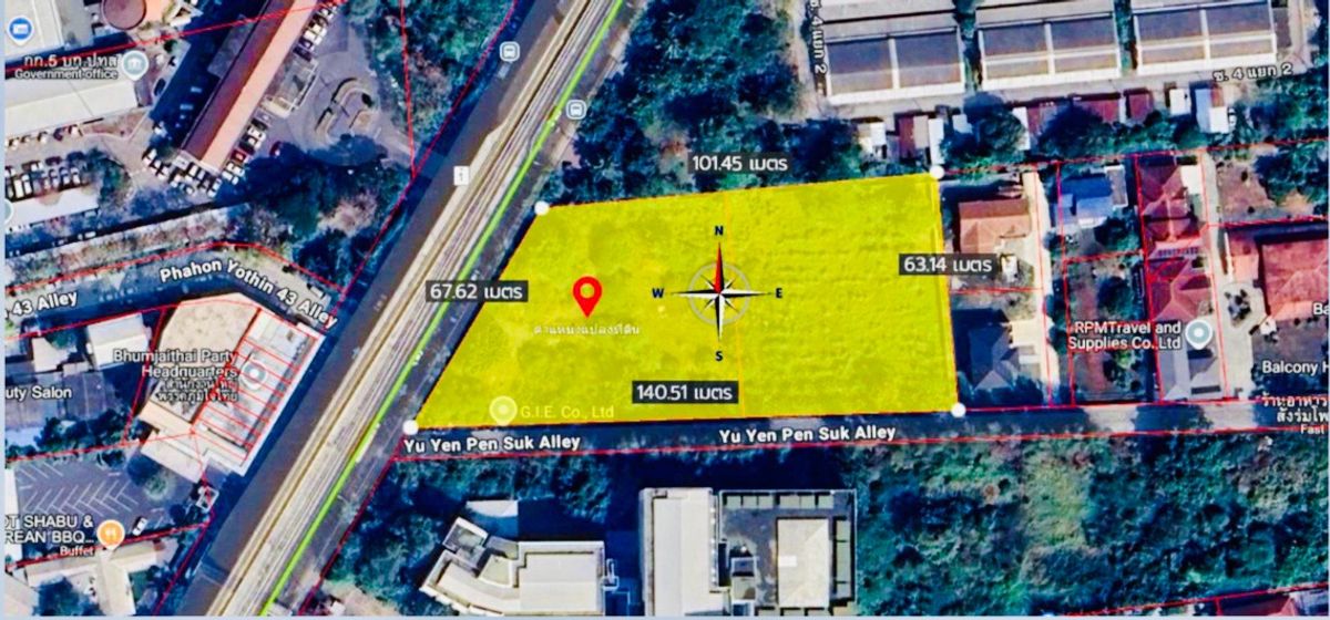 For SaleLandKasetsart, Ratchayothin : Land for sale on Phahonyothin Road, near Kasetsart University, 800 meters, 4-1-45 rai, orange.
