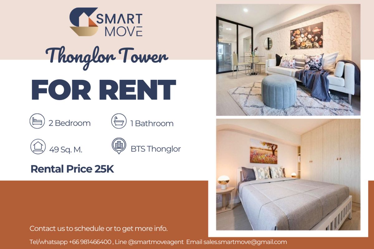 For RentCondoSukhumvit, Asoke, Thonglor : 🔥 For Rent !! Prime Area, Newly renovated!!🔥Code C20250900012........Thonglor Tower, 2 bedroom, 1 bathroom, furnished, ready to move in 📣📣