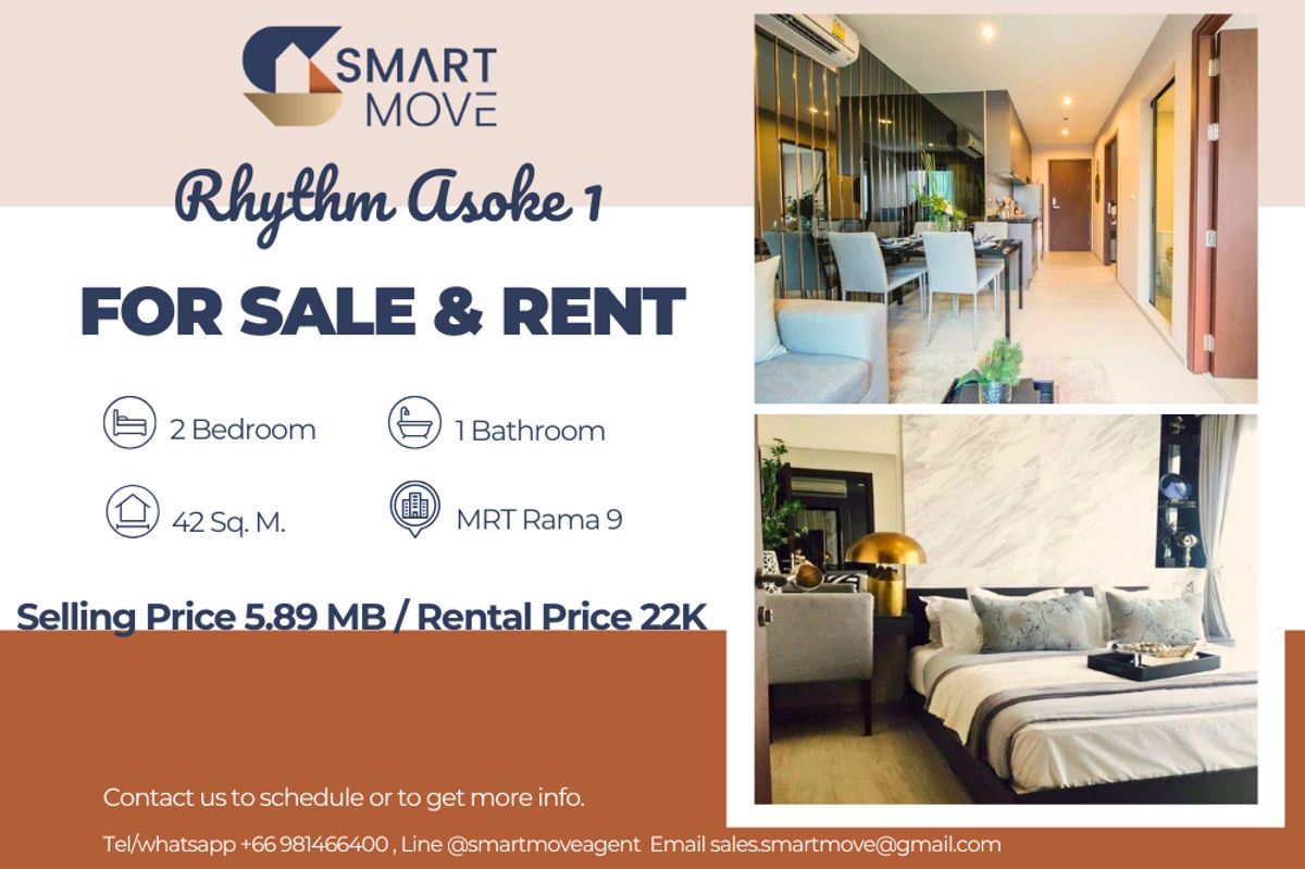 CondoRama9, Petchburi, RCA : 🔥 For Sale - Rent !! prime area, high floor 11++, Pool View, Corner room!!🔥Code C20230108967........Rhythm Asoke 1, 2 bedroom, 1 bathroom, furnished, ready to move in, Special Deal!!📣📣