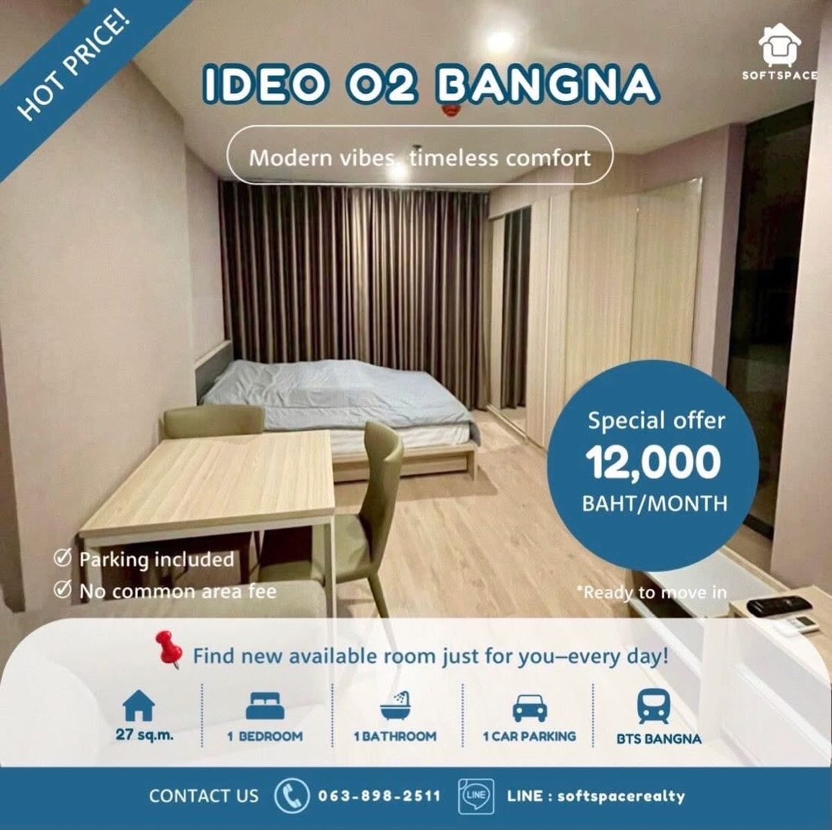 ให้เช่าคอนโดบางนา แบริ่ง ลาซาล : 🌸 HOT DEAL 🌼 IDEO O2 - FOR RENT 12K🔥