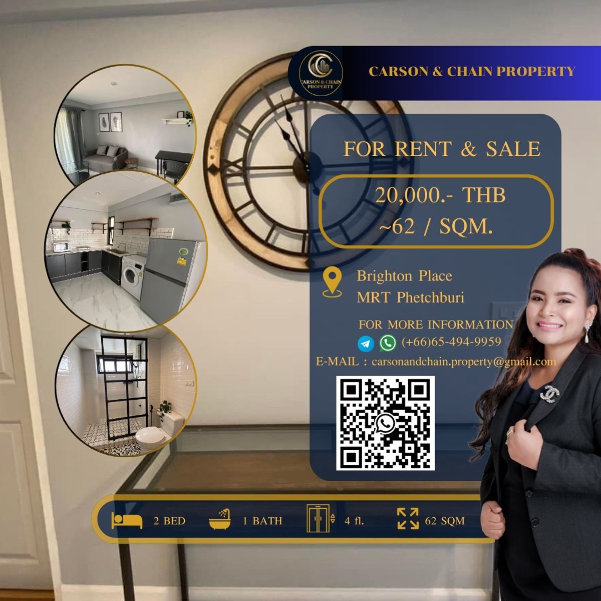 ให้เช่าคอนโดพระราม 9 เพชรบุรีตัดใหม่ RCA : Carson&Chain ❗RENT ❗ Brighton Place Condominium│ 2 BR │ 20,000 THB │ Low Floor 