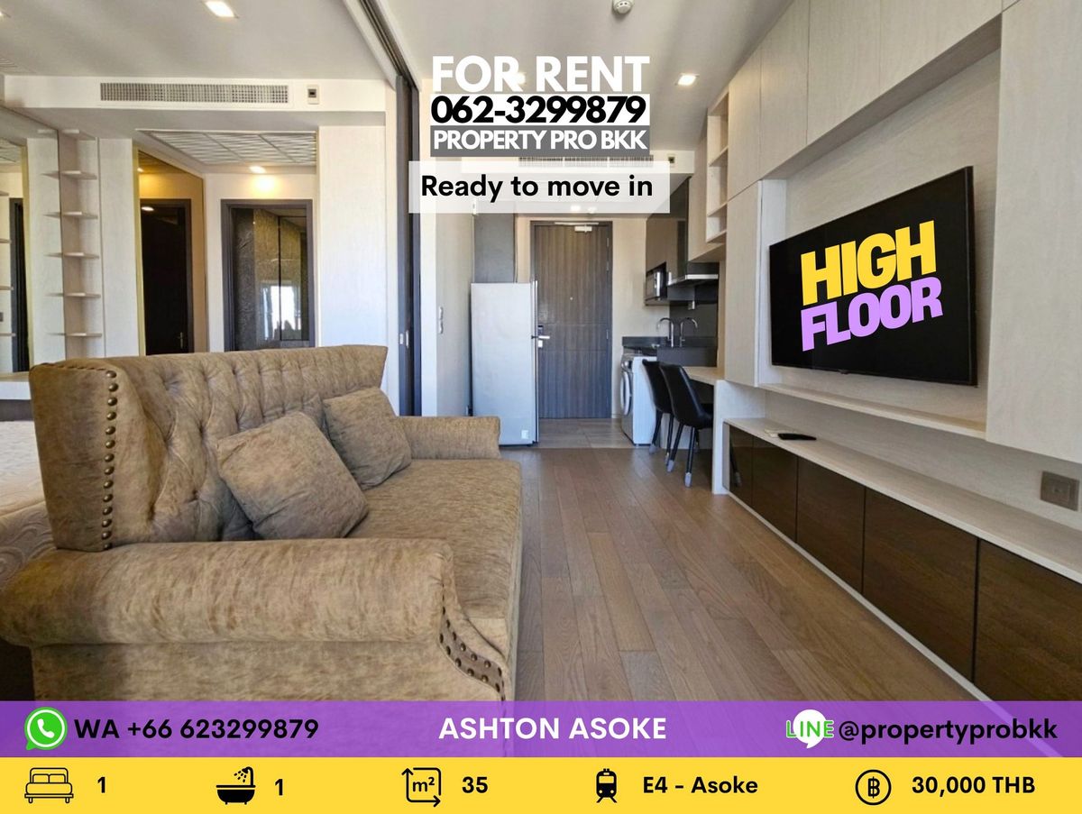For RentCondoSukhumvit, Asoke, Thonglor : 🌟 Modern Living in CBD Asoke – High-Floor 1-Bedroom with Built-in Storage & Unblocked City View 🌟