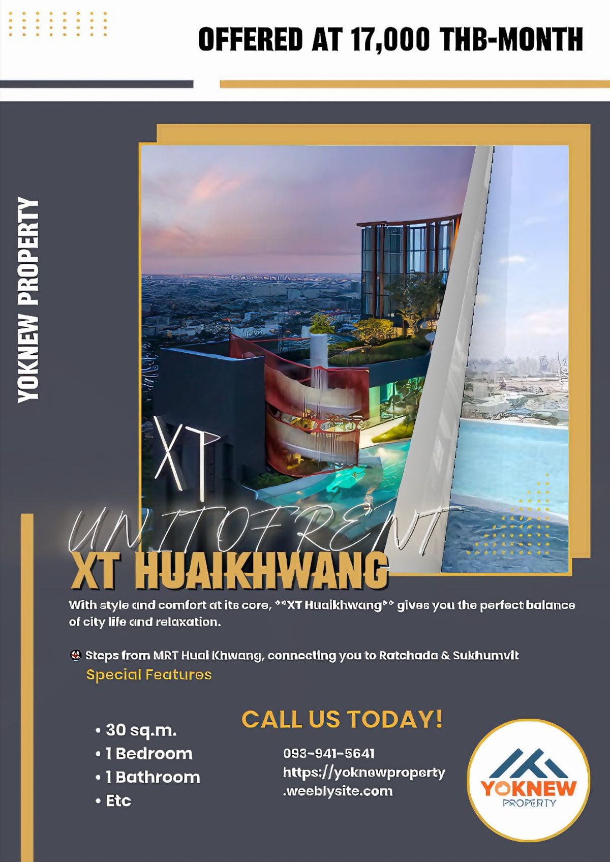 ให้เช่าคอนโดรัชดา ห้วยขวาง : XT Huaikhwang | 1 ห้องนอน 1 ห้องน้ำ | 30 ตร.ม. | Fully Furnished | เช่า 17,000 บ./เดือน