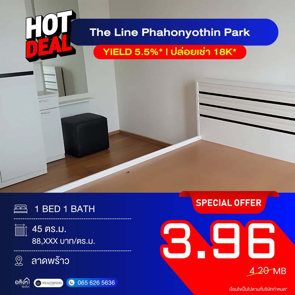 For SaleCondoLadprao, Central Ladprao : 🏙️ Condo The Line Phahonyothin Park Brand-new unit 💫 Beautiful garden view, 45 sq.m. Best price in the project, only 3.96 MB!