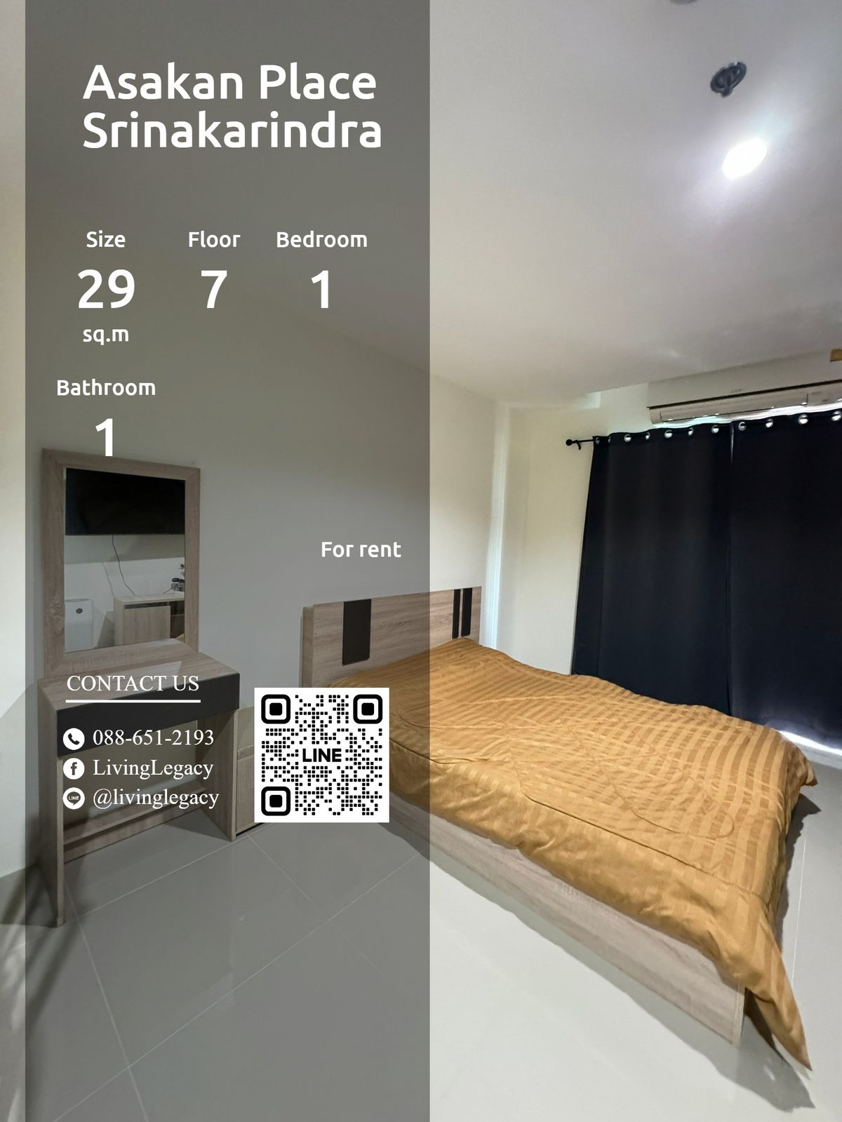 ให้เช่าคอนโดพัฒนาการ ศรีนครินทร์ : LT2SVE76 ให้เช่าคอนโด Asakan Place Srinakarindra 29 ตร.ม. ชั้น 7 line id : @livinglegacy