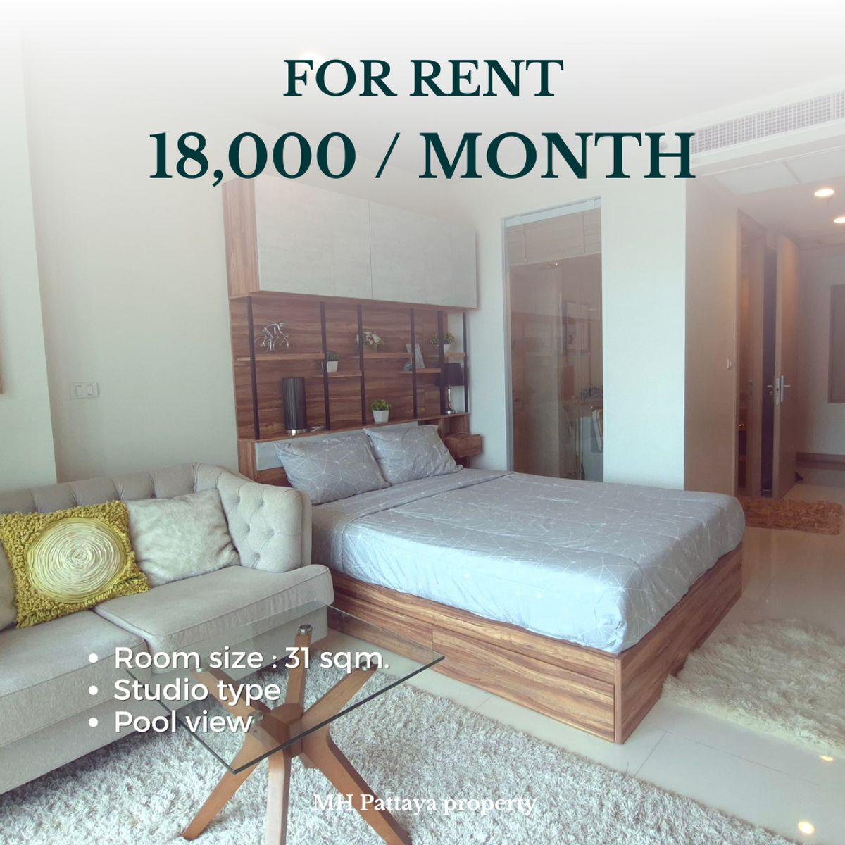 ให้เช่าคอนโดพัทยา บางแสน ชลบุรี สัตหีบ : 🏙️ The Riviera Wongamat | Studio |7Floor | 18,000 THB/Month